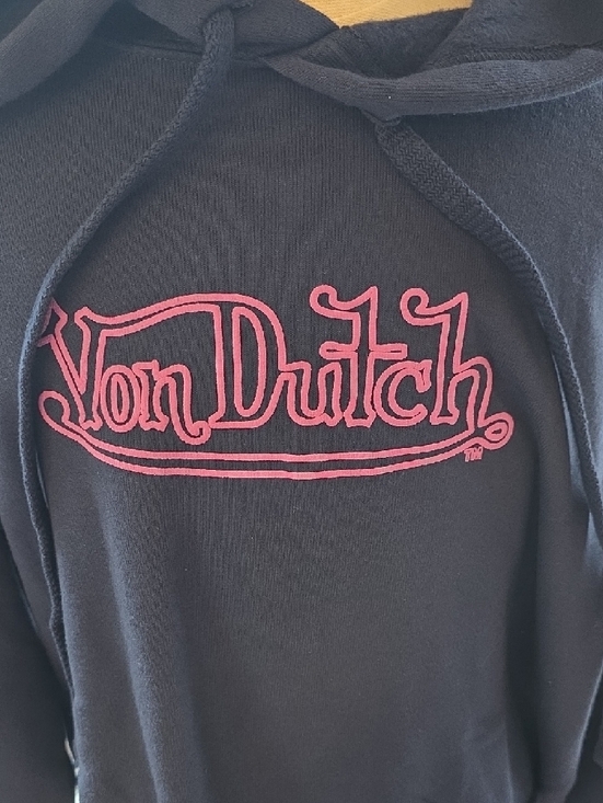 Von Dutch Cropped Navy Hoodie with Pink Script Logo - Picture 2 of 8